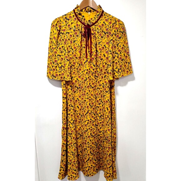 Donna Morgan Floral Print Yellow Ruffled Collar Women Dress Size 10 - Picture 1 of 7